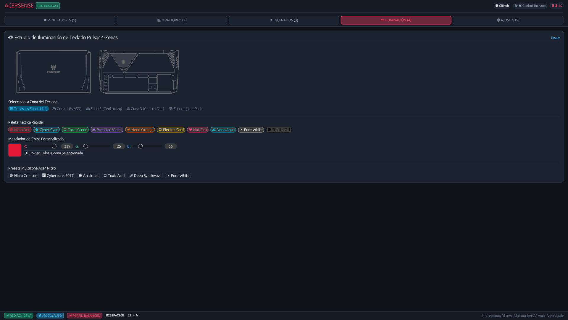 Control de Teclado RGB 4 Zonas en Linux